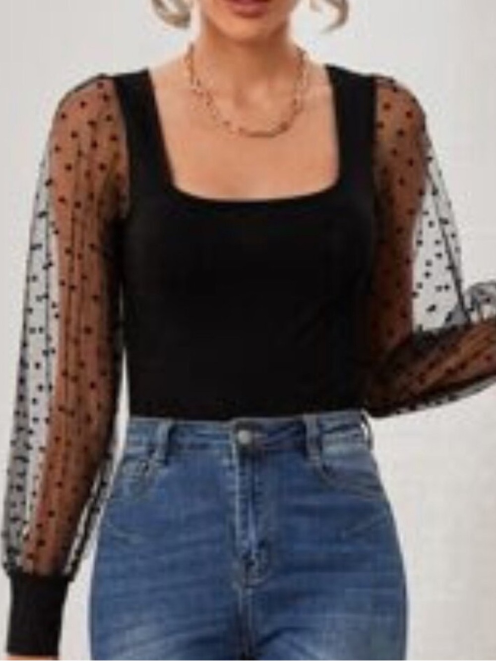 Black Square Neck with Long Polka Dot Mesh Sleeves